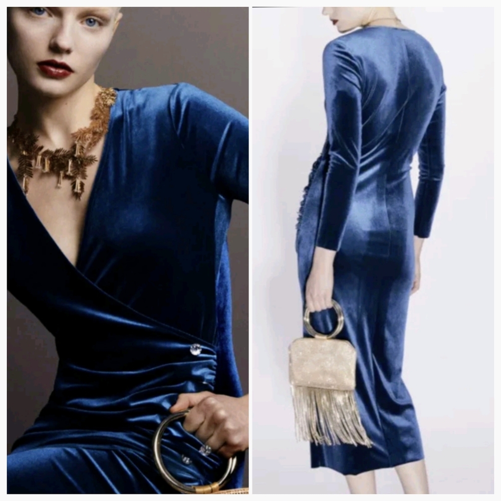 ZARA Velvety Jewel Tone Cocktail Party Sleek Sultry Midi Faux Wrap Dress